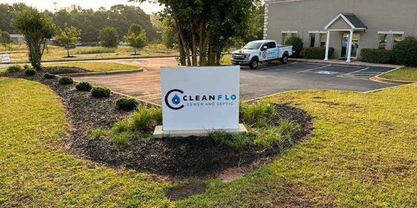 Clean Flo Sewer & Septic sign providing drain cleaning services in Anderson, SC.
